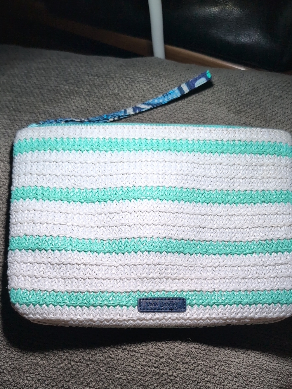 Vera Bradley White and Mint Striped Crochet Wristlet With Turtle Design. - Picture 2 of 4